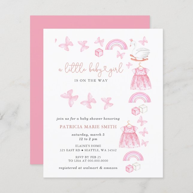 Budget Butterfly Pink Girl Baby Shower Invite (正面/裏面)