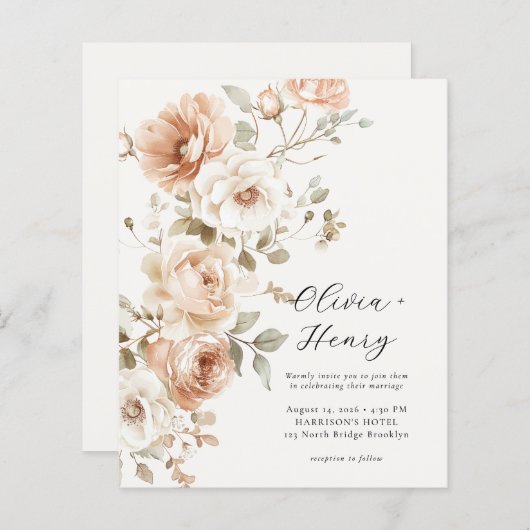 Budget Classic Elegant Floral Wedding Invitation (正面/裏面)