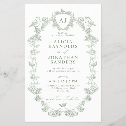 Budget classic sage all in one wedding invitation チラシ (正面)