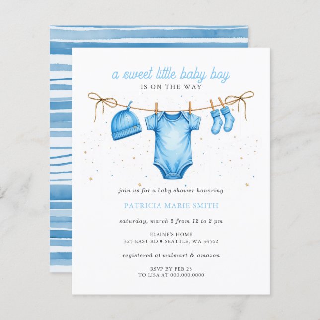 Budget Clothesline Blue Boy Baby Shower invitation (正面/裏面)