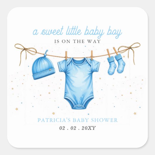 Budget Clothesline Blue Boy Baby Shower invitation スクエアシール (正面)