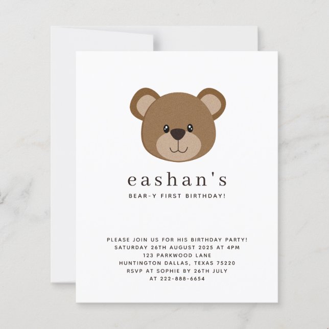 Budget Cute Bear-y First Birthday Photo Invitation (正面)