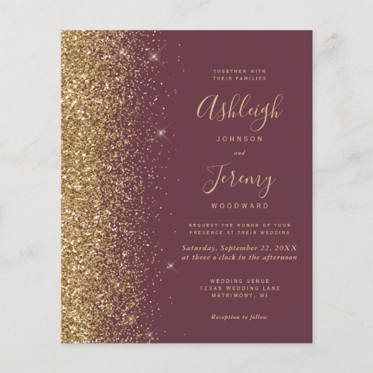 Budget Dark Burgundy Gold Glitter Wedding Invite (正面)