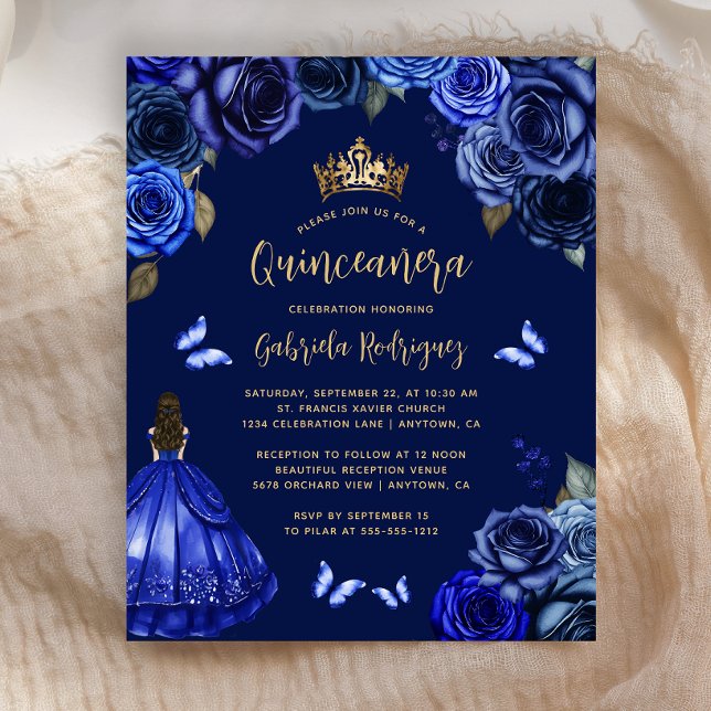 Budget Dark Royal Blue Floral Princess Quinceañera (クリエイターアップロード済み)