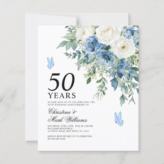 Budget Dusty Blue 50th Wedding Anniversary Invite (正面)
