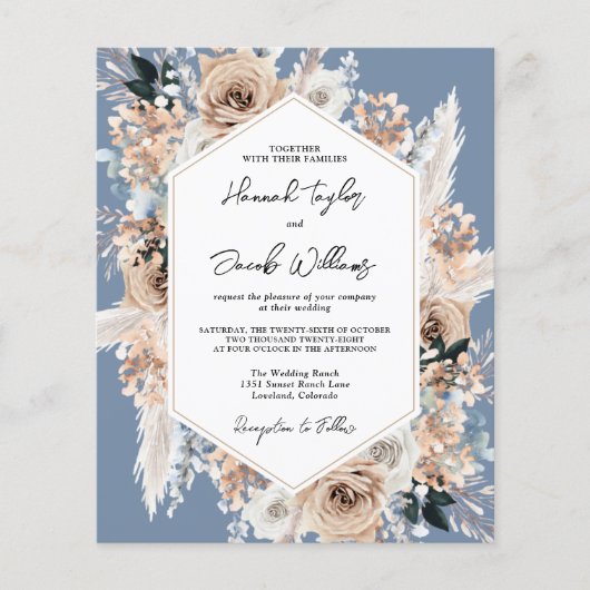 Budget Dusty Blue Boho Wedding QR Code RSVP Invite (正面)