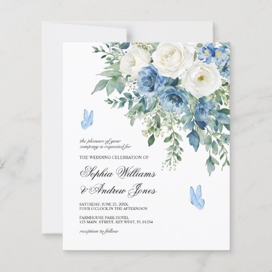 Budget Dusty Blue Flowers Wedding Invitation (正面)