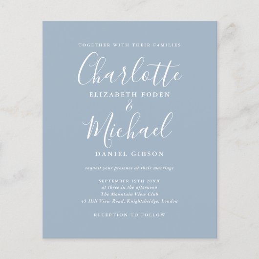 Budget Dusty Blue Script Photo Wedding Invitation (正面)