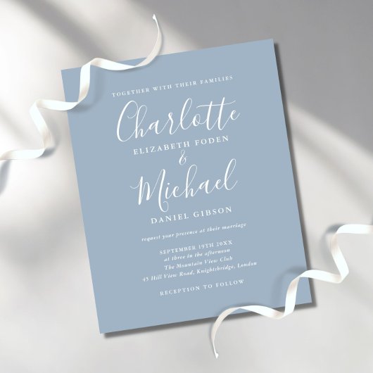 Budget Dusty Blue Script Photo Wedding Invitation