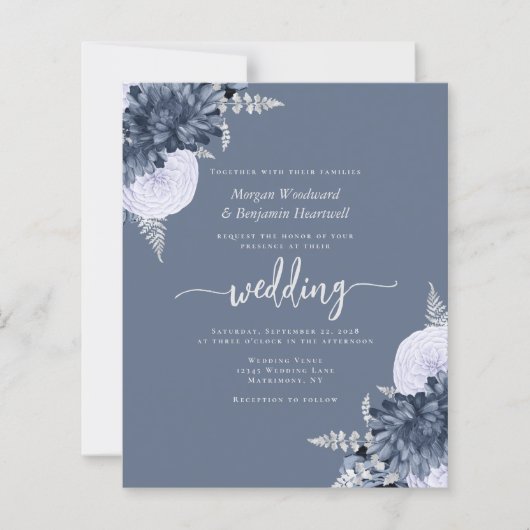 Budget Dusty Blue Silver Floral QR Code Wedding (正面)