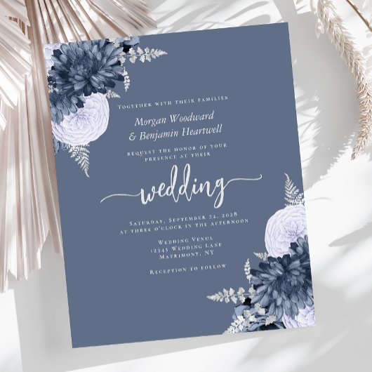 Budget Dusty Blue Silver Floral Wedding Invite