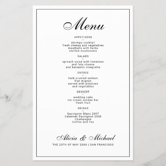 Budget elegant black and white wedding menu チラシ (正面)