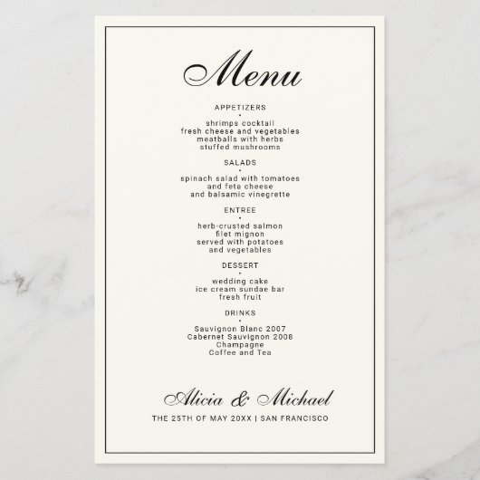 Budget elegant black cream ivory wedding menu チラシ (正面)