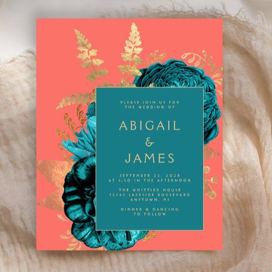 Budget Elegant Floral Teal Coral Gold Wedding