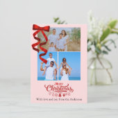 Budget Elegant Red Ribbon Christmas Four Photo シーズンカード (スタンド正面)