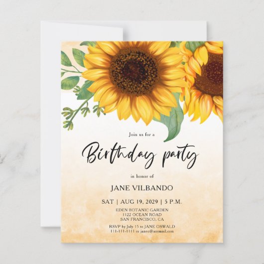 Budget Elegant Sunflower Birthday Party Invitation (正面)