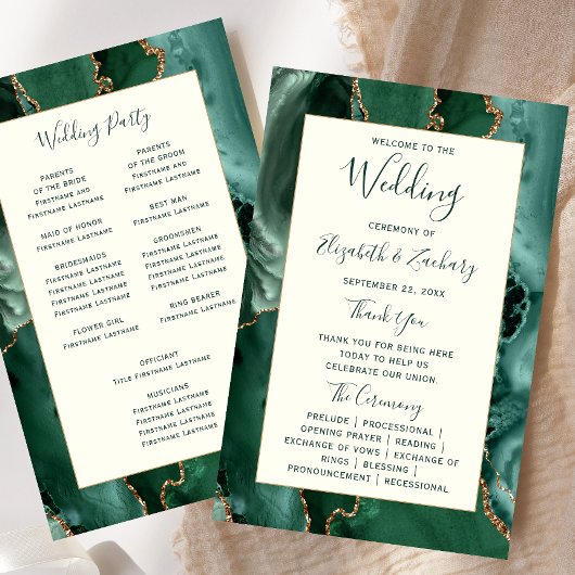 Budget Emerald Green Agate Ivory Wedding Program