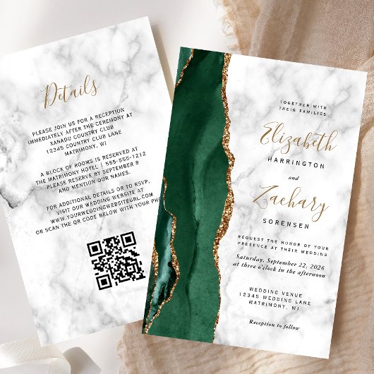 Budget Emerald Green Agate Marble QR Code Wedding