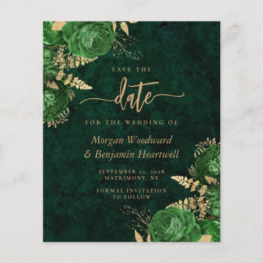 Budget Emerald Green Floral Wedding Save the Date (正面)