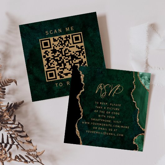 Budget Emerald Green Gold Agate Dark QR Code RSVP エンクロージャーカード