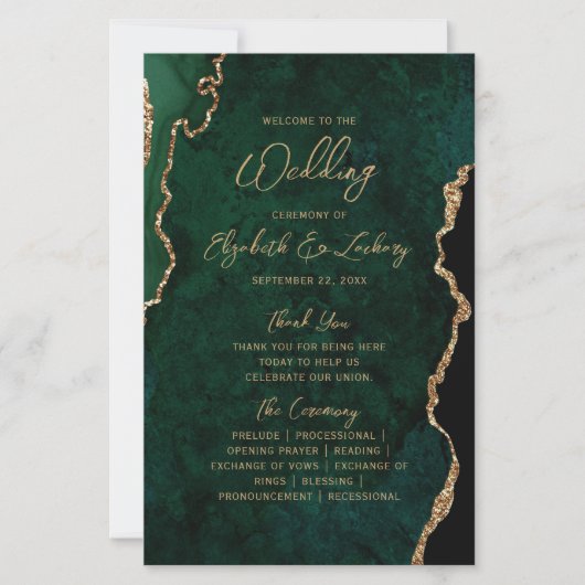 Budget Emerald Green Gold Agate Wedding Program (正面)