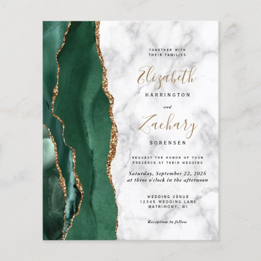 Budget Emerald Green Marble 4-Photo Wedding Invite (正面)