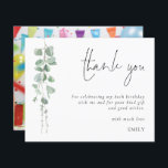 Budget Eucalyptus 80th birthday Photo Thank You<br><div class="desc">より小さいサイズ4.5 x 5.6インチ半光沢110ポンドの重量に代わるコストのBUDGETの値は、ポストカードと同様の厚さ（ただし、ポストカードとして使用するには適さない）。1枚につき1枚の招待状がある。バジェット・ユーカリ写真80th誕生日ありがとう。水色の葉が手の側に流れ感謝していて、右に文字と離れ、80歳の誕生日のためのミニマリストの優雅さ。感謝のためのセットの手書きスタイルスクリプトと簡単にパーソナライズできる文字の残りの部分。背面のサンプル写真をパーティーから自分の写真お気に入りのに置き換える。</div>