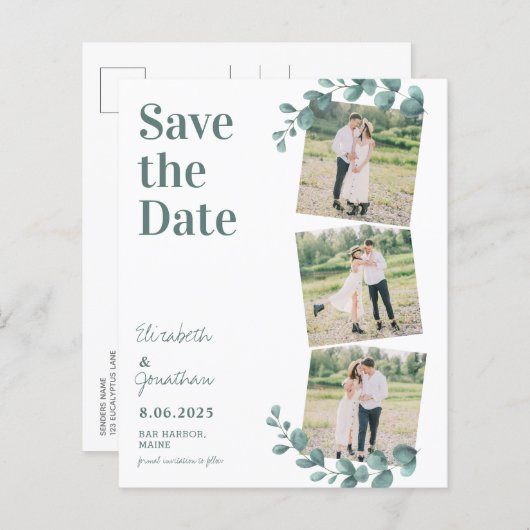 Budget Eucalyptus Greenery 3 Photo Save The Date (正面/裏面)