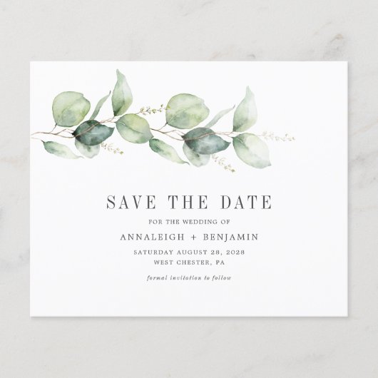 Budget Eucalyptus Greenery Photo Save the Date (正面)
