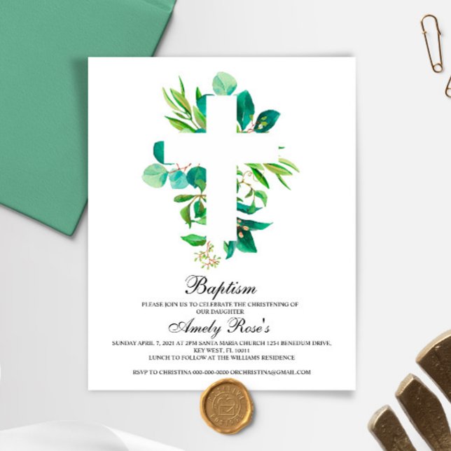 Budget Eucalyptus Leaves Cross Baptism Invitation (クリエイターアップロード済み)
