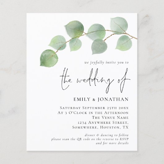 Budget Eucalyptus QR Code Wedding Invitation (正面)