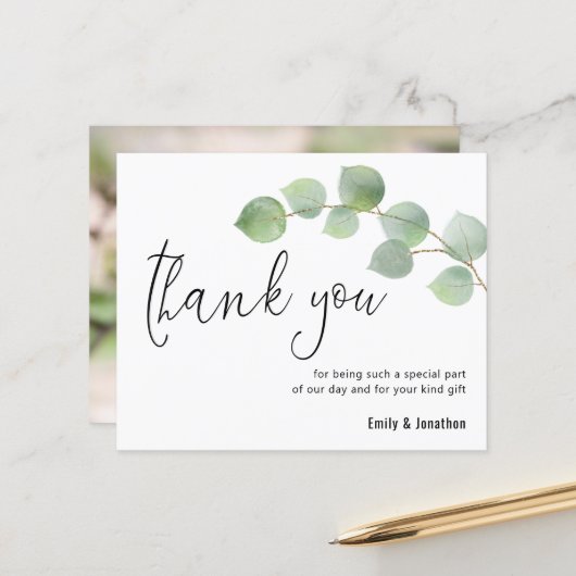 Budget Eucalyptus Script Photo'結婚s Thank You (正面/裏面インサイチュ)