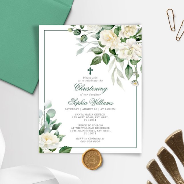 Budget Eucalyptus White Christening Invitation (クリエイターアップロード済み)