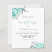 Budget Floral Aqua Silver Script Wedding Invite (正面)