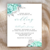 Budget Floral Aqua Silver Script Wedding Invite