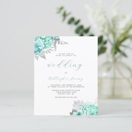 Budget Floral Aqua Silver Script Wedding Invite (スタンド正面)