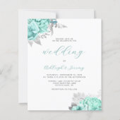 Budget Floral Aqua Silver Script Wedding Invite (正面)