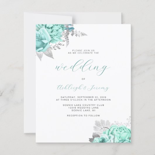 Budget Floral Aqua Silver Script Wedding Invite (正面)
