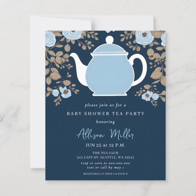 Budget Floral Blue Tea Party Boy Baby Shower Invit (正面)