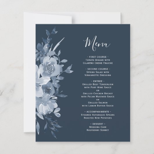 Budget Floral Dusty Blue Navy Wedding Menu (正面)