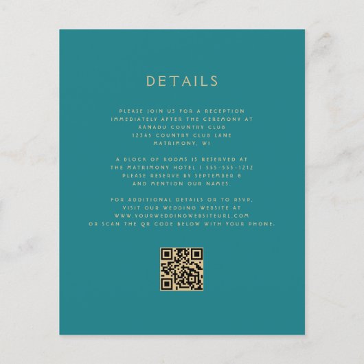 Budget Floral Teal Gold Coral QR Code Wedding (裏面)