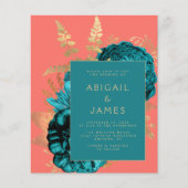 Budget Floral Teal Gold Coral QR Code Wedding (正面)