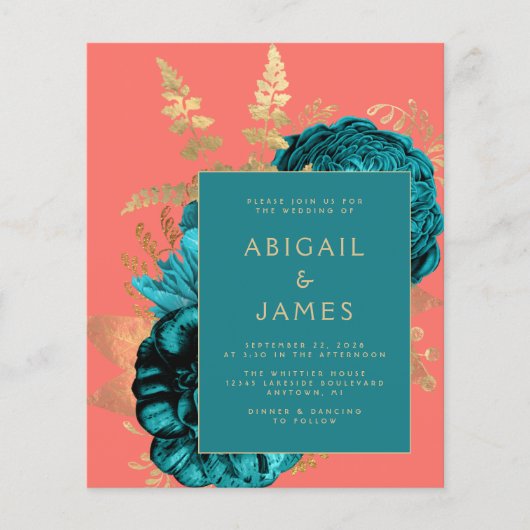 Budget Floral Teal Gold Coral QR Code Wedding (正面)