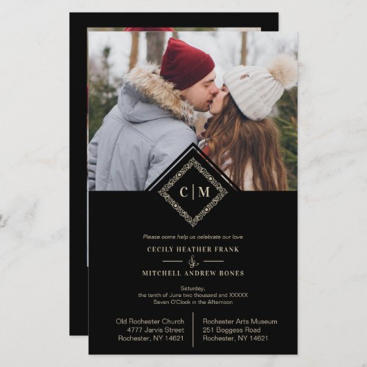 Budget Flourish Black Luxury Wedding Initials (正面/裏面)