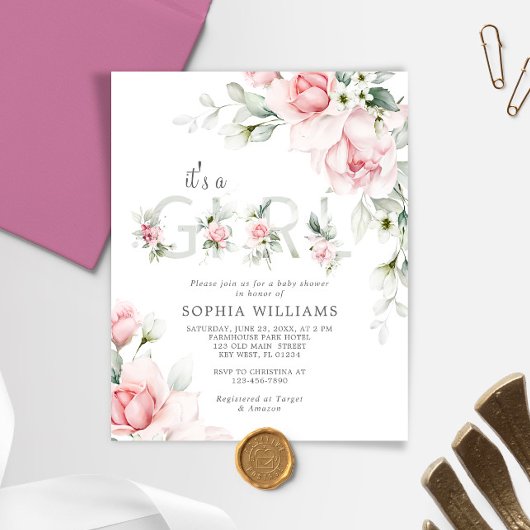 Budget Gentle Rose Girl Baby Shower Invitation