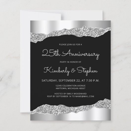 Budget Glam Silver Black 25th Anniversary Invite (正面)