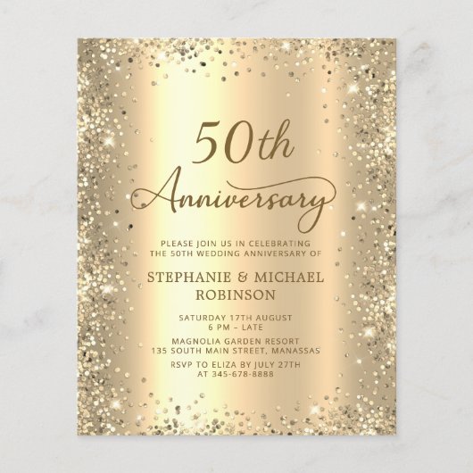Budget Gold 50th Wedding Anniversary Invitation (正面)