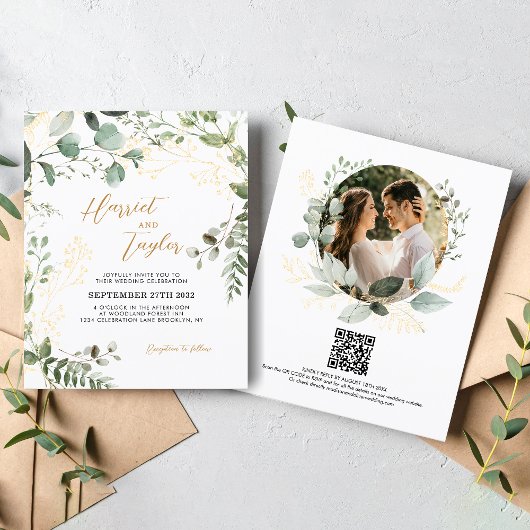 BUDGET Gold Eucalyptus Photo QR Code Wedding 