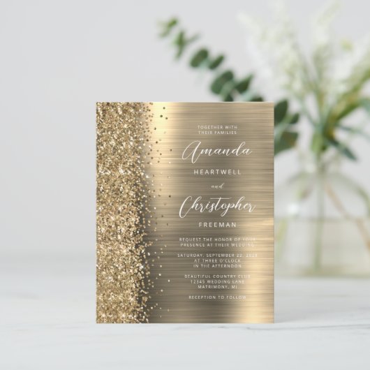 Budget Gold Glam Glitter Wedding Invitation (スタンド正面)