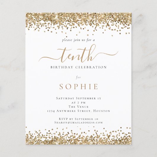 Budget Gold Glitter Girl 10th Birthday Invitation  (正面)